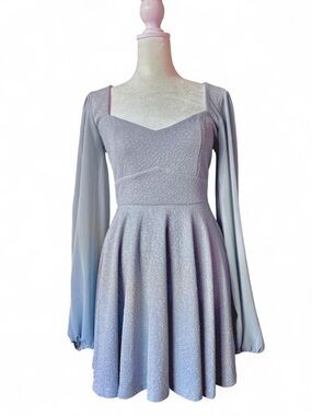 Windsor Shimmer Fit-and-Flare Long-Sleeve Dress in Light blue